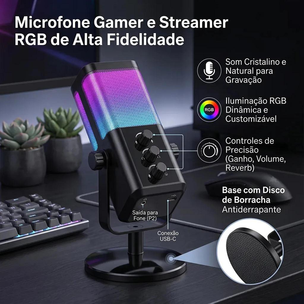 Microfone Gamer Condensador HREBOS MF-011 RGB USB Alta Sensibilidade para Podcast Streaming PC