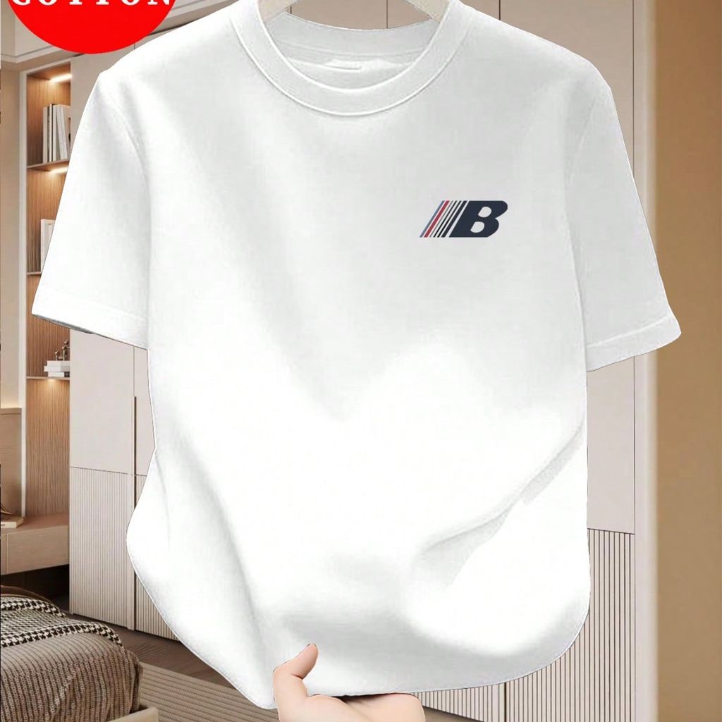 Camiseta Masculina 100% Algodão Gola Redonda com Estampa de Letra B Camisa Casual Lançamento