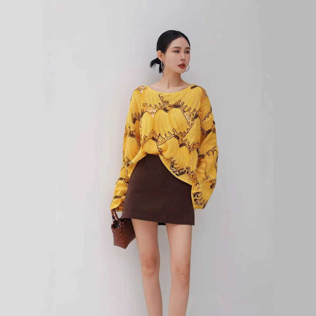Moda em torno do pescoço blusa Banana padrão Design solto pulôver topo queimado camisola de manga comprida