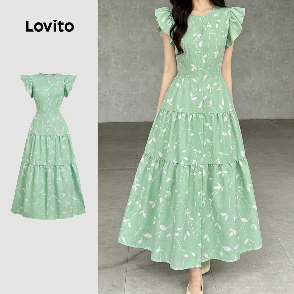 Lovito Vestido Boho Elegante Com Babados E Botão Para Primavera/Verão Na Cor Verde L199ED582