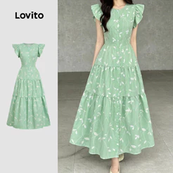 Lovito Vestido Boho Elegante Com Babados E Botão Para Primavera/Verão Na Cor Verde L199ED582