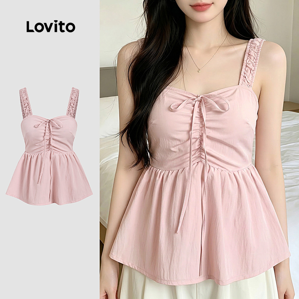 Lovito Top Casual com Laço e Pregas Rosa Primavera/verão para Mulheres L198ED3219