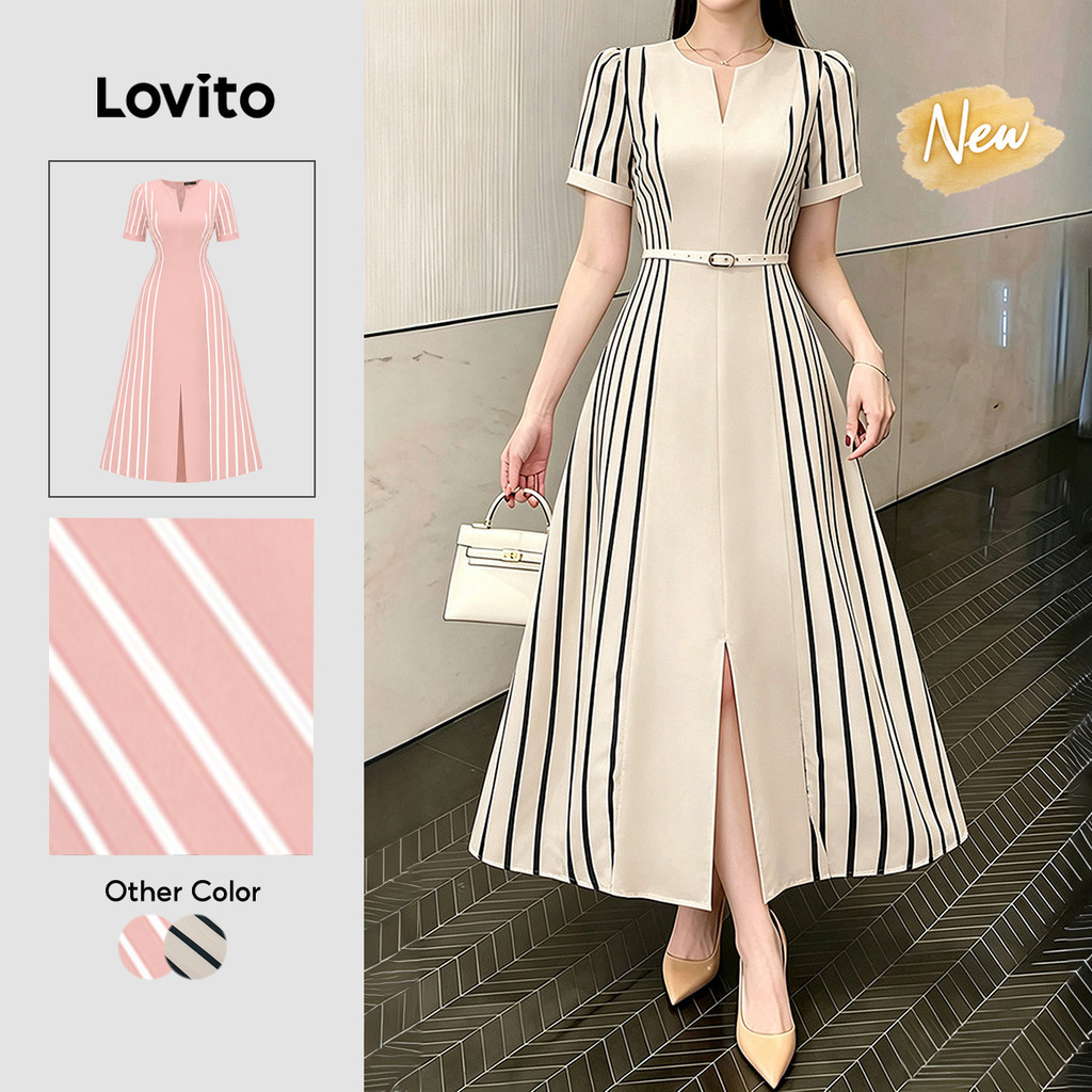 (New Arrival) Lovito Vestido Casual Listrado Com Zíper Dividido Linha A Primavera/Verão Férias Fim De Semana Feminino DRK9BR206