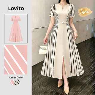 (New Arrival) Lovito Vestido Casual Listrado Com Zíper Dividido Linha A Primavera/Verão Férias Fim De Semana Feminino DRK9BR206