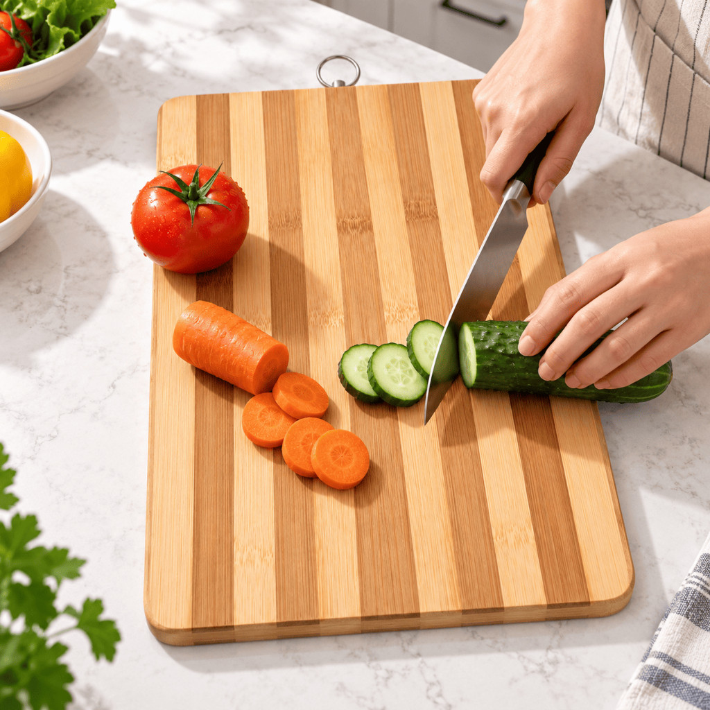 Tábua de Corte Bambu 30x20cm Alça de Metal Carnes Frutas Legumes Queijos Churrasco Cozinha Gourmet