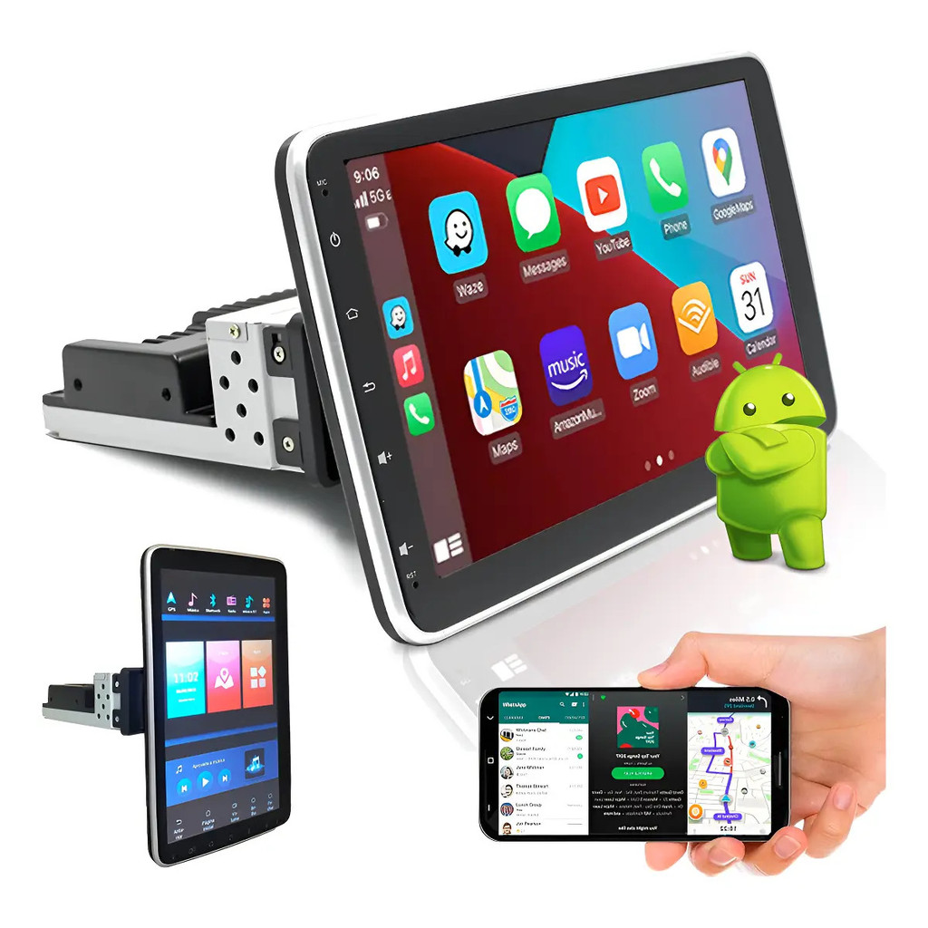 Central Multimídia 1 Din e-tech 10 polegadas combat rotate Mp5 rotativa espelhamento Android Auto Car Play sem fio