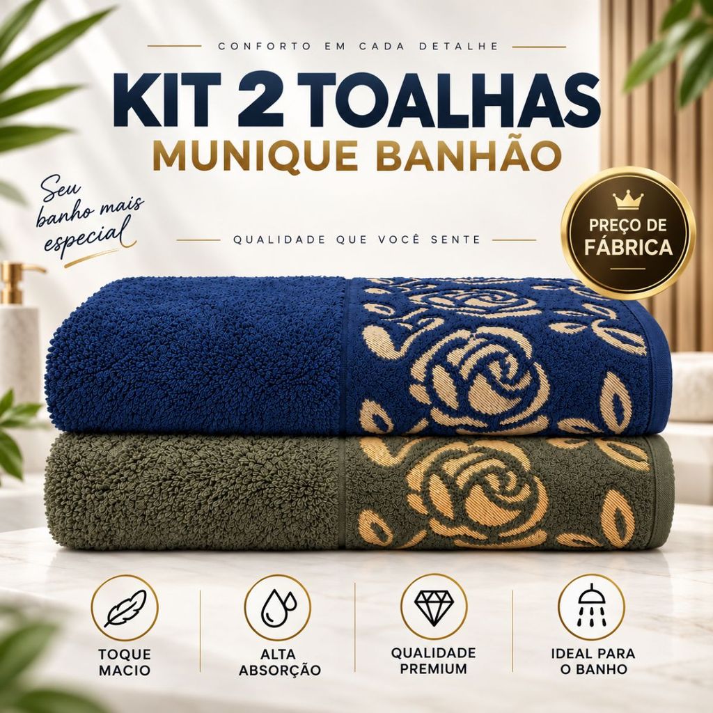 Kit 2 Toalhas Banhão Munique Luxo 74x150cm 440g Algodão Toalha Banho Grossa Macia