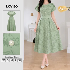 (New Arrival) Lovito Elegante Vestido Longo Evase Verde Floral Drapeado Barra Ondulada Contraste Primavera Verão Trabalho Para Mulheres DRB204P1D237