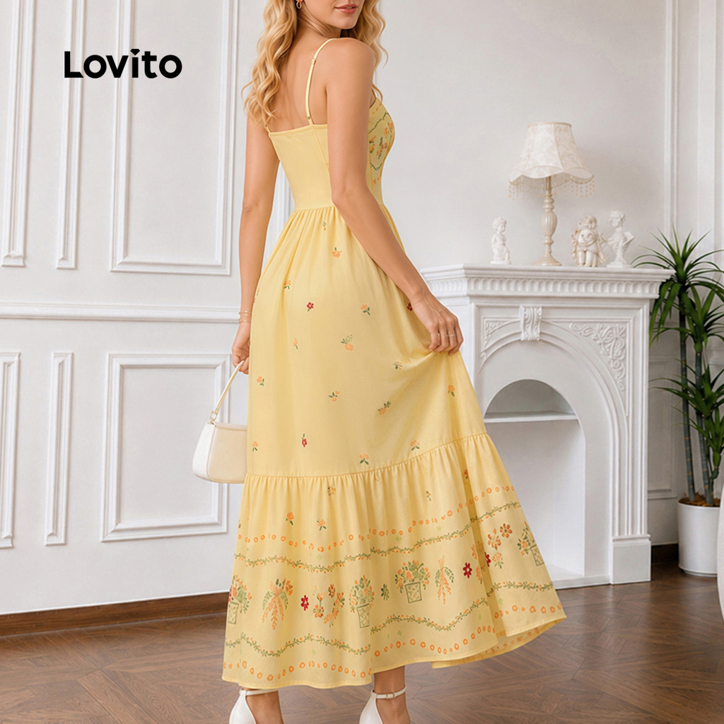 Lovito Vestido Feminino Amarelo Floral Babado na Barra Zíper e Barra Longa Flare Casual Fim de Semana e Traje de Trabalho Primavera Verão DRB39BR007 · foto 2