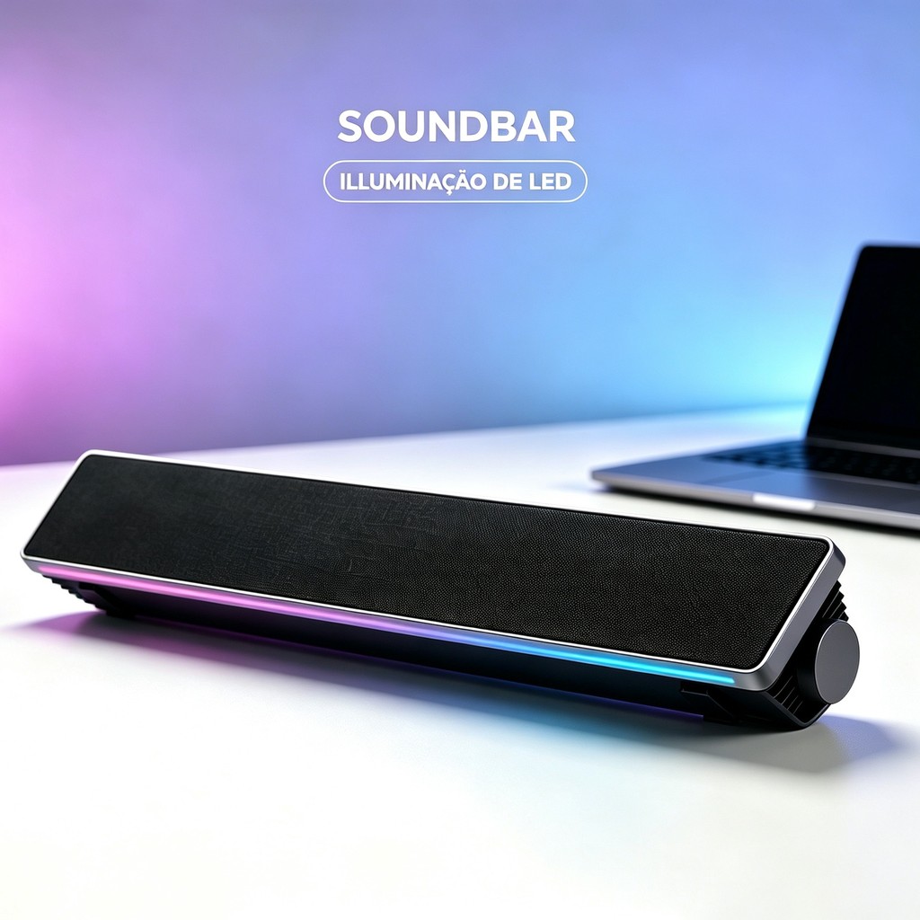 Soundbar Som Potente 14W LED Iluminado Plug and Play USB Controle de Volume Perfeito PC e Notebook Windows MAC Linux