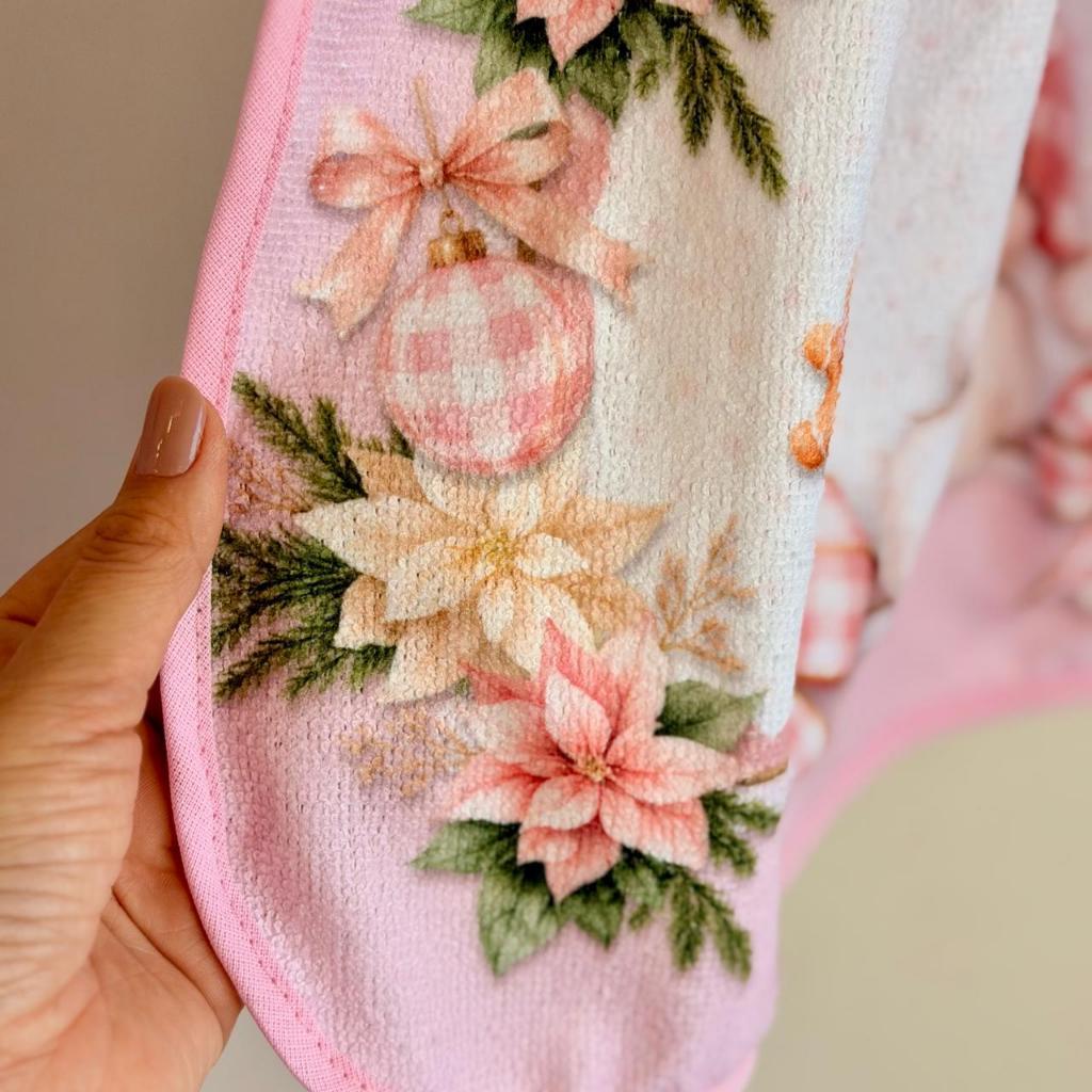 Bate Mão P/Cozinha Atoalhado 60cm x 40cm - Toalha de Mão Decorativa Natalino Papai Noel Rosa — imagem 2 de 2