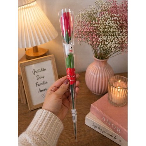 Rosa Artificial Vermelha Com Ursinho Presente Decoracao Romantica Embalagem Especial