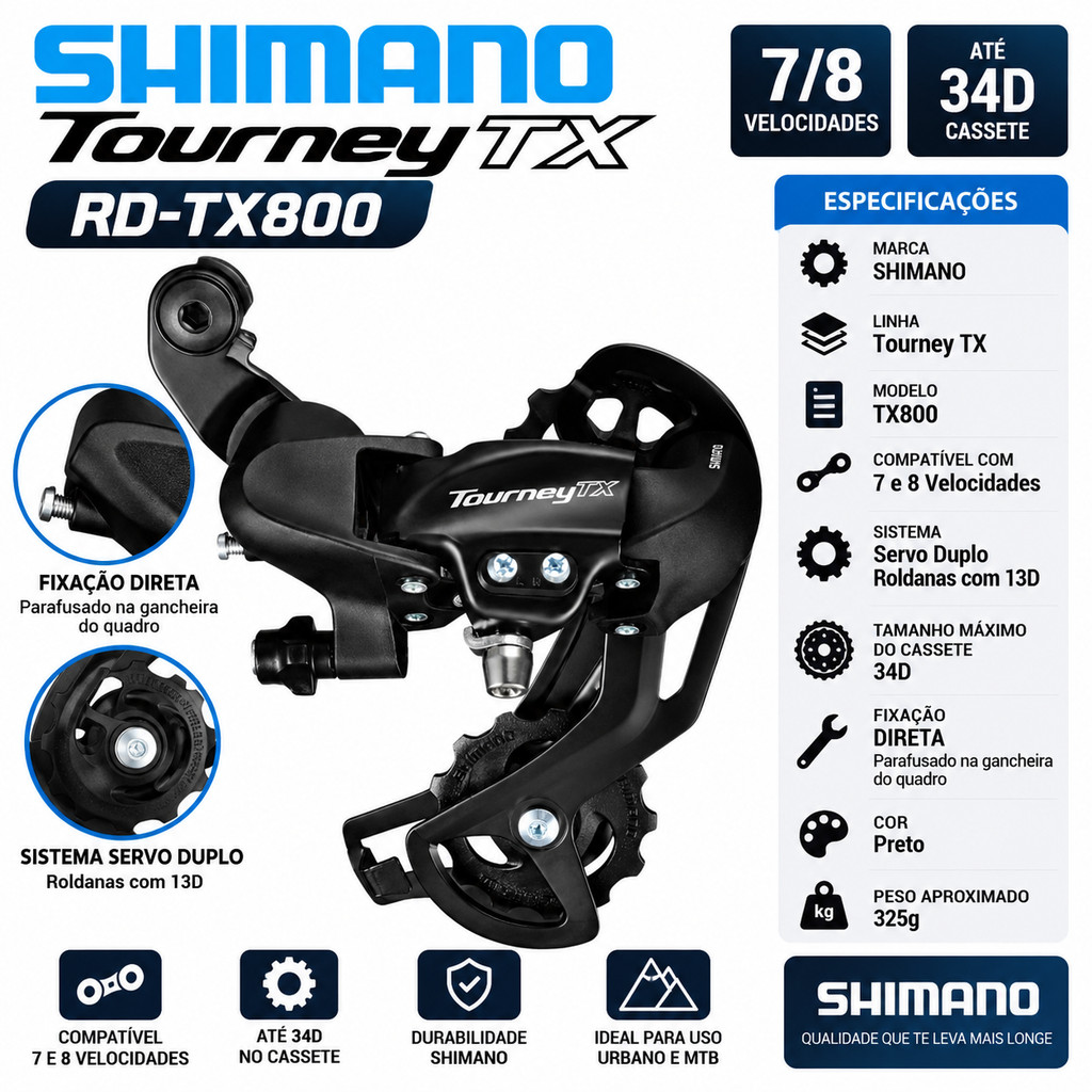 Cambio Traseiro Bicicleta Original Shimano Tourney Ty800 7 8 velocidades MTB Compativel Megarange