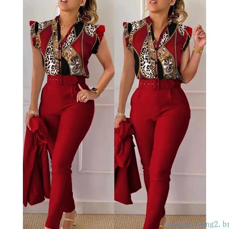 Conjunto elegante de duas peças para mulher, ideal para a primavera e o verão, com corte justo, estampado, decote em V, 