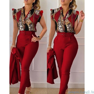 Conjunto elegante de duas peças para mulher, ideal para a primavera e o verão, com corte justo, estampado, decote em V, 