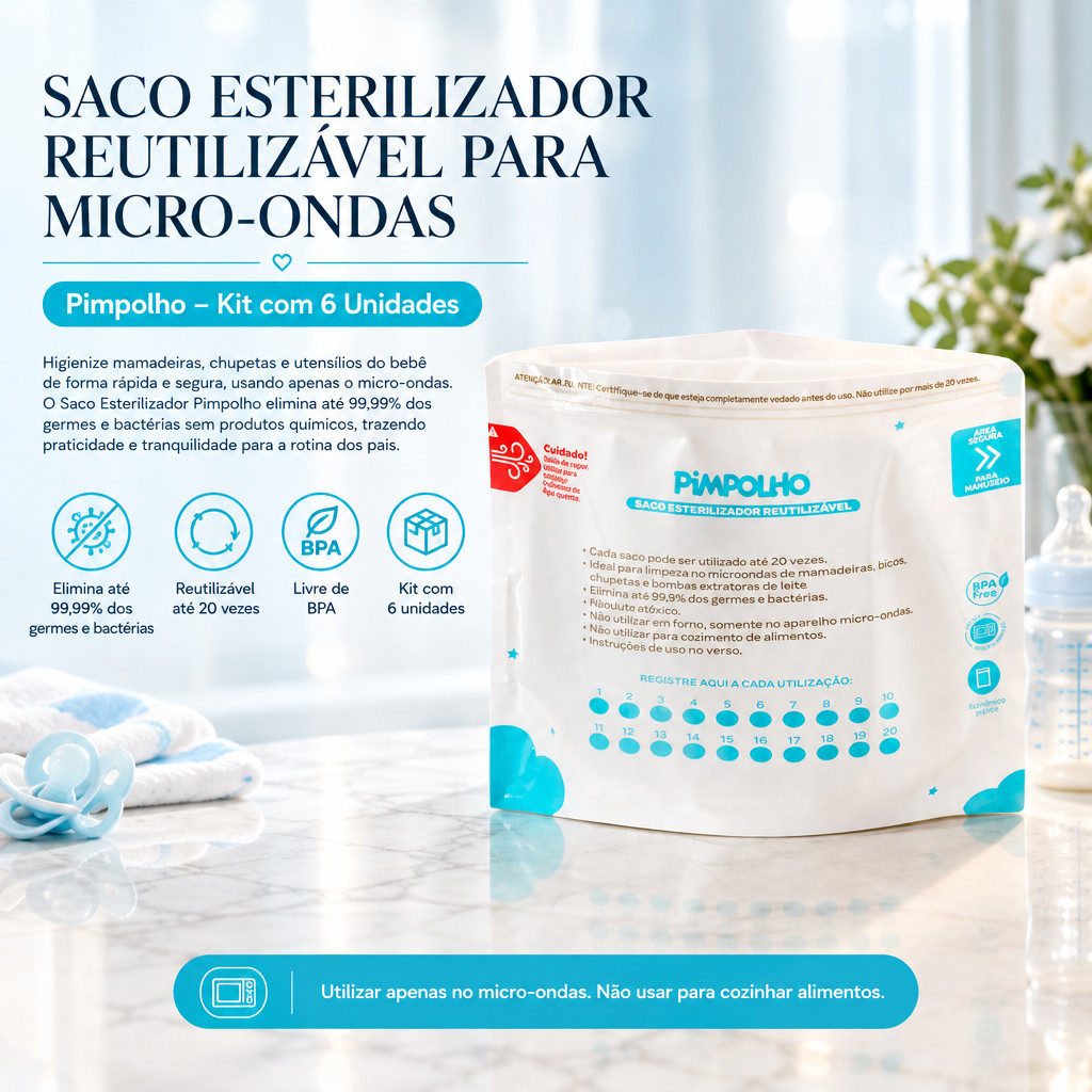 Kit 6 Sacos Esterilizador Reutilizável Pimpolho Microonda, Mamadeira, Chupeta, Mordedor e Brinquedo