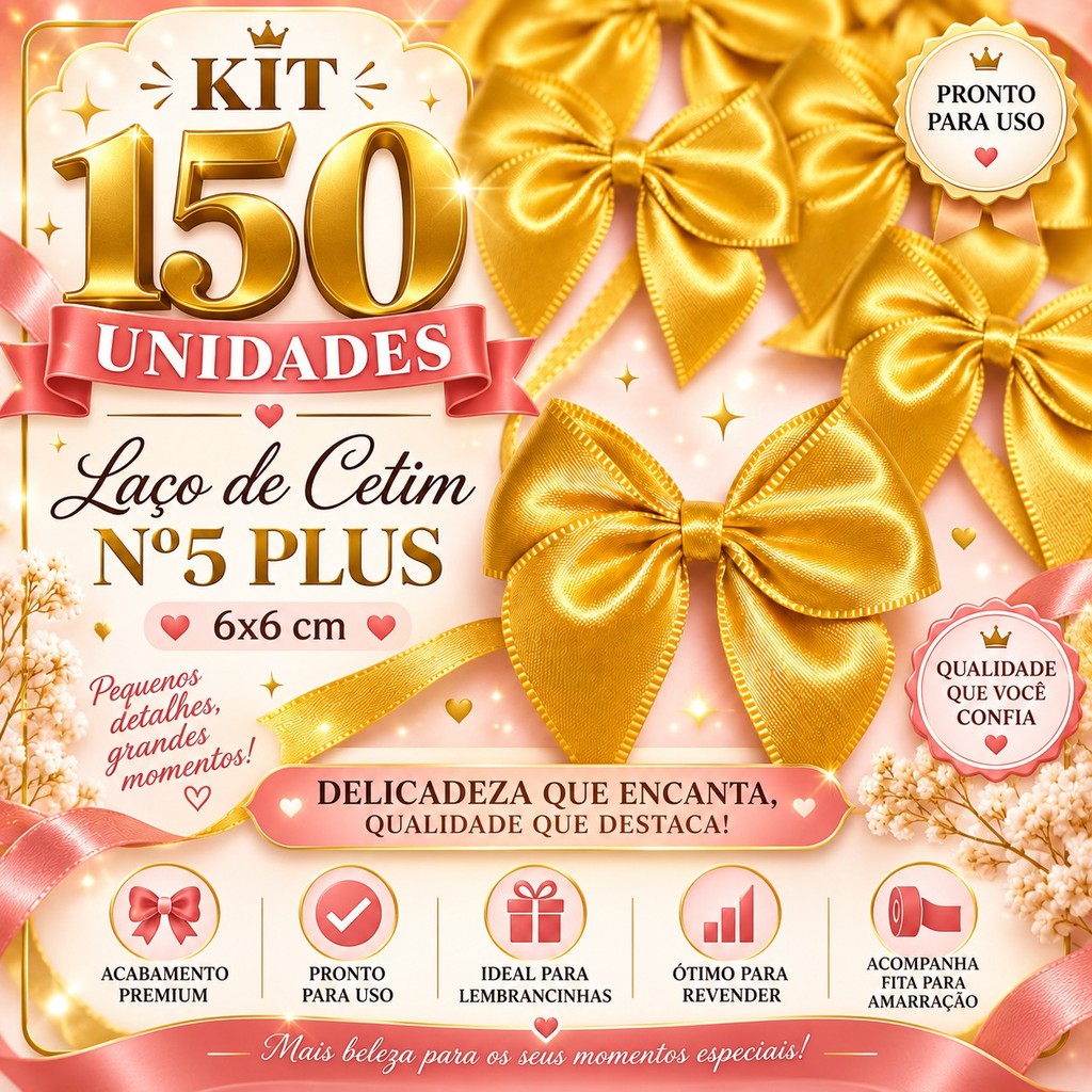 Kit 150 Laços de Cetim 5x5cm com Fita para Lembrancinhas, Caixas e Natal, Artesanato