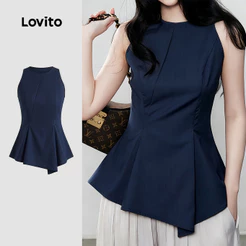 Lovito Top Elegante com Design Assimétrico para Primavera/verão Cor Azulmarinho feminino TKK8TD240