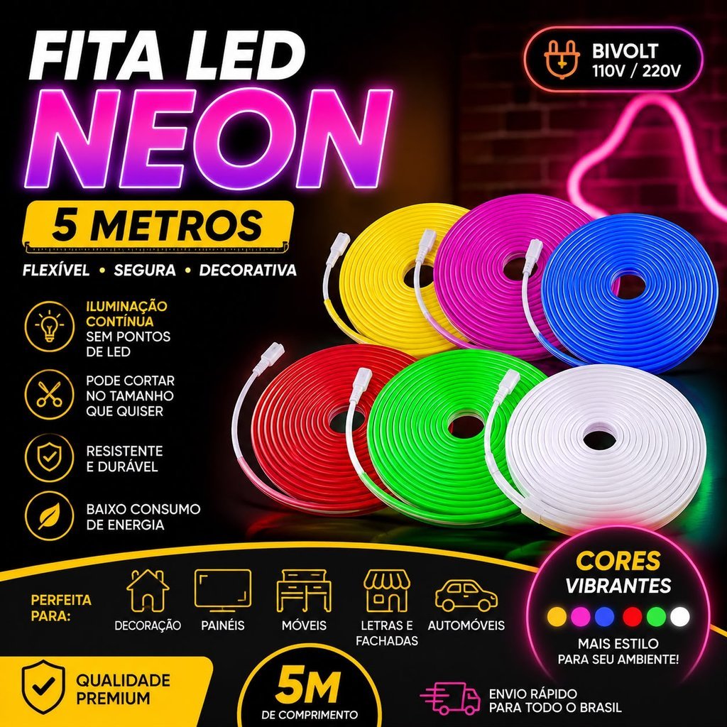 Fita Neon LED Mangueira 5M RGB Flexível Decoração Quarto Sala Gamer Painel TV Teto Luz Neon Colorida fita