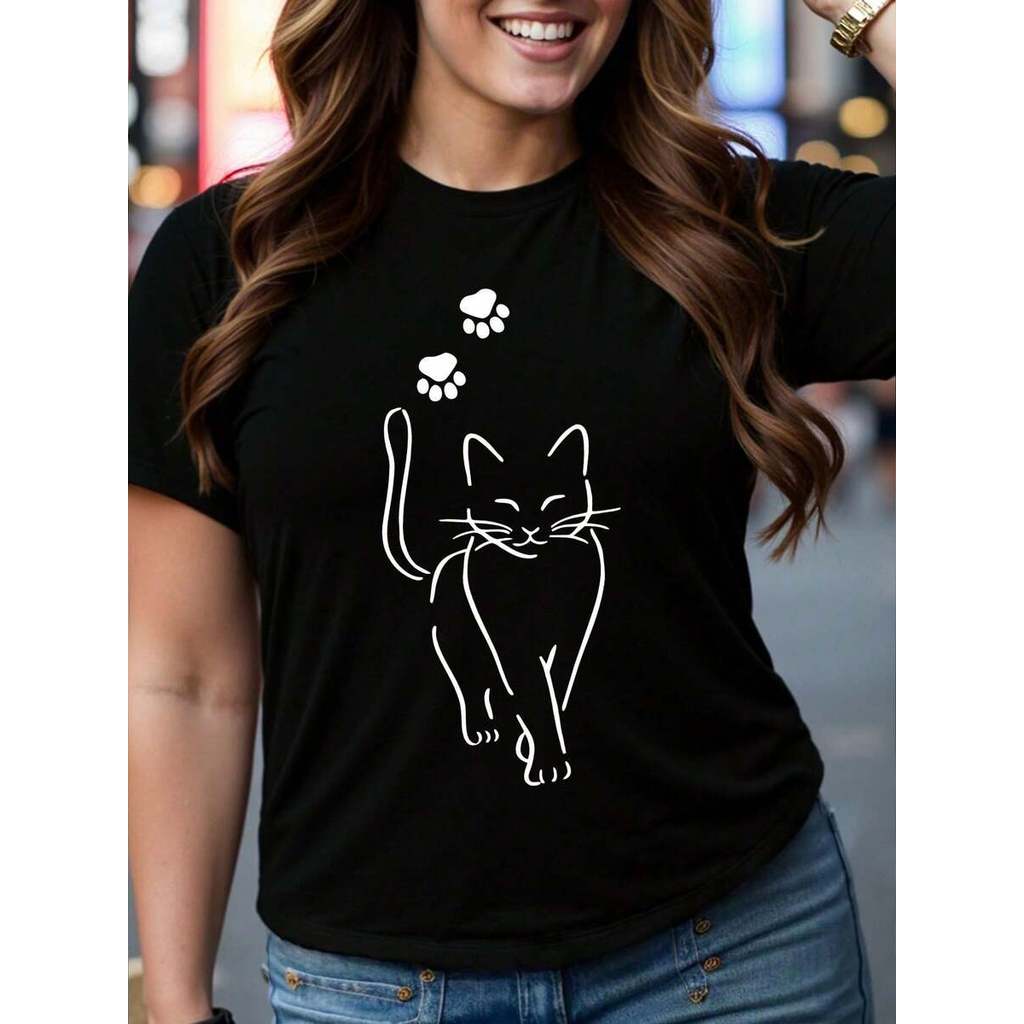 Tshirt Feminina Estilosa Estampada Pet Gatinho Fofo Patinha Estampado Lançamento Camiseta 100% Algodão Camisetão Solta