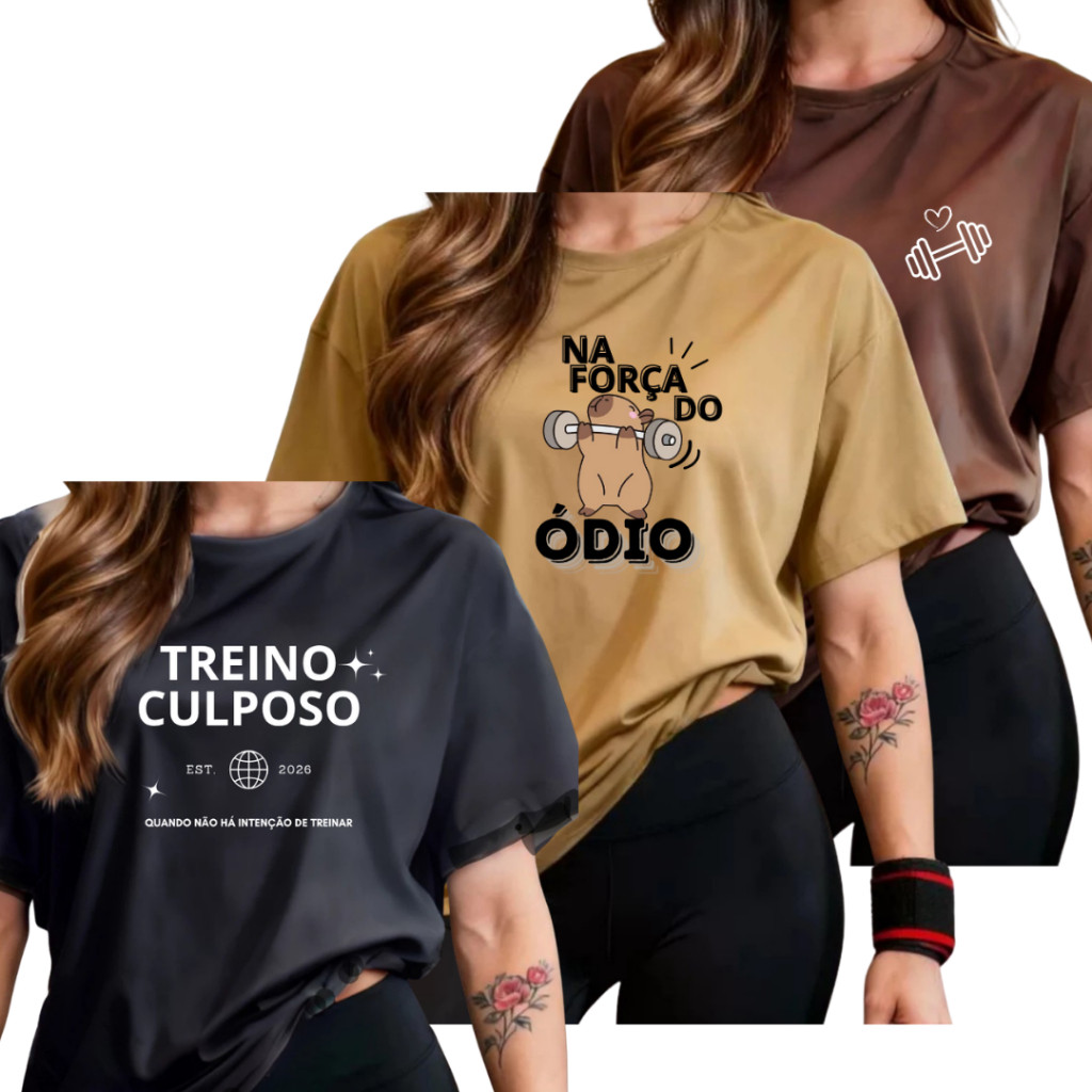 Kit 3 Camisetas Femininas Fitness 100% Algodão Academia Estampadas Confortáveis Premium