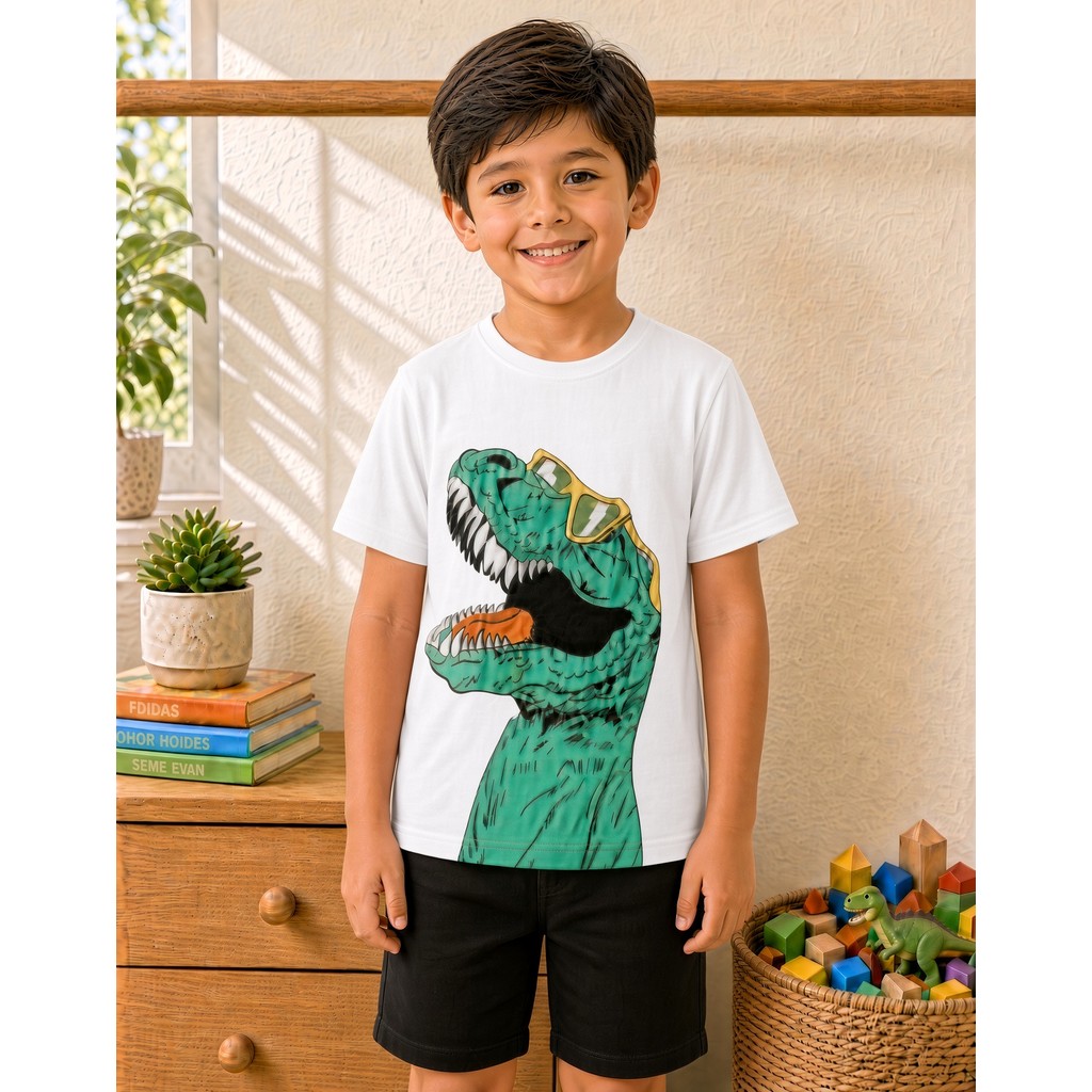 Camiseta Infantil Masculina Menino Amarela Dinossauro T-Rex Estampado Gola Redonda Manga Curta Blusa Casual Verão Kids