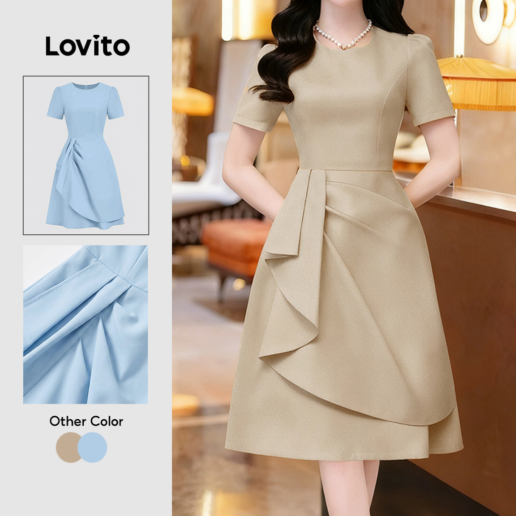 Lovito Elegante Vestido Assimétrico Pregueado Primavera/verão Vestido Caqui para Mulheres L165ED1546