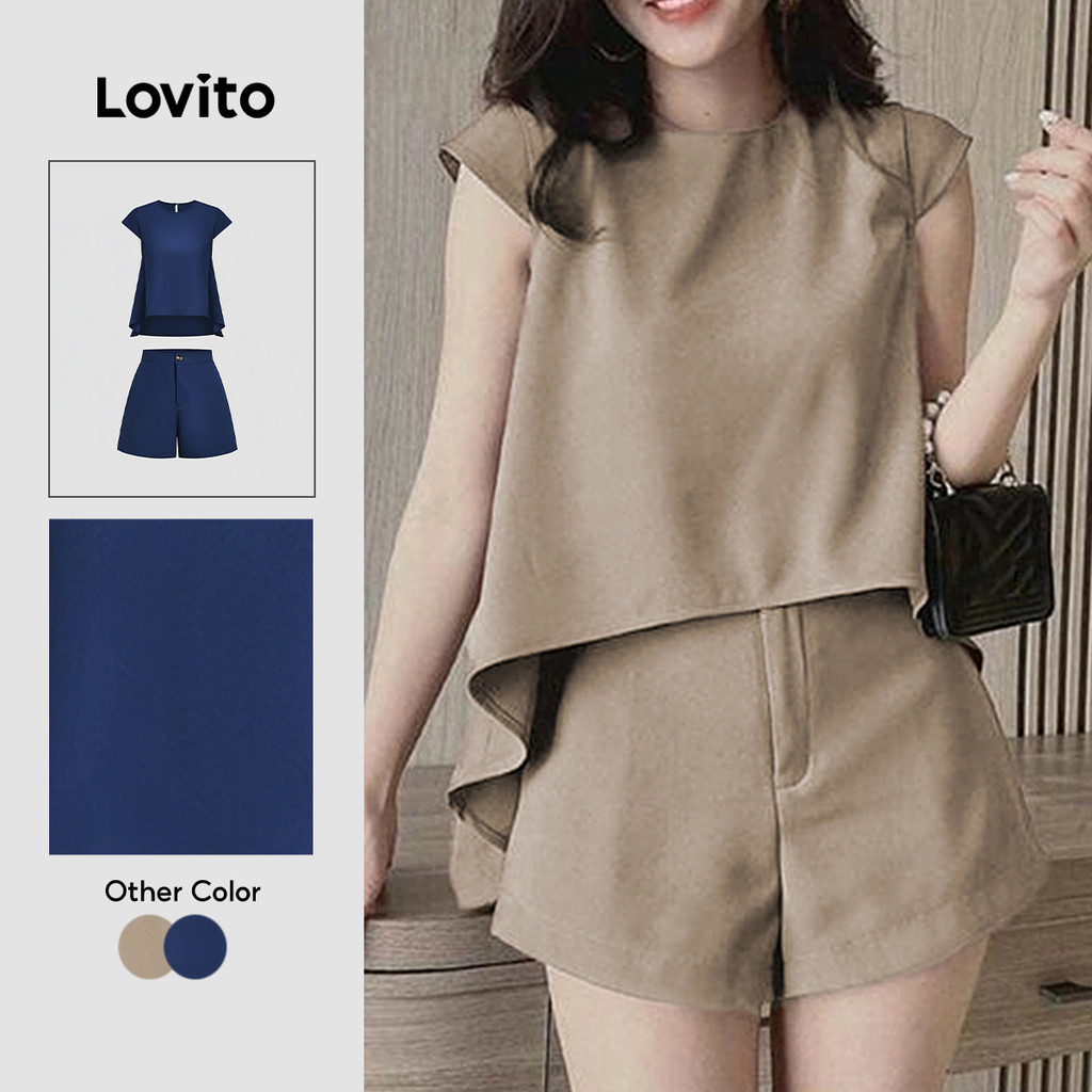 Lovito Casual Conjuntos de Shorts com Pregas para Primavera/verão Shorts Caqui para mulheres L154ED206