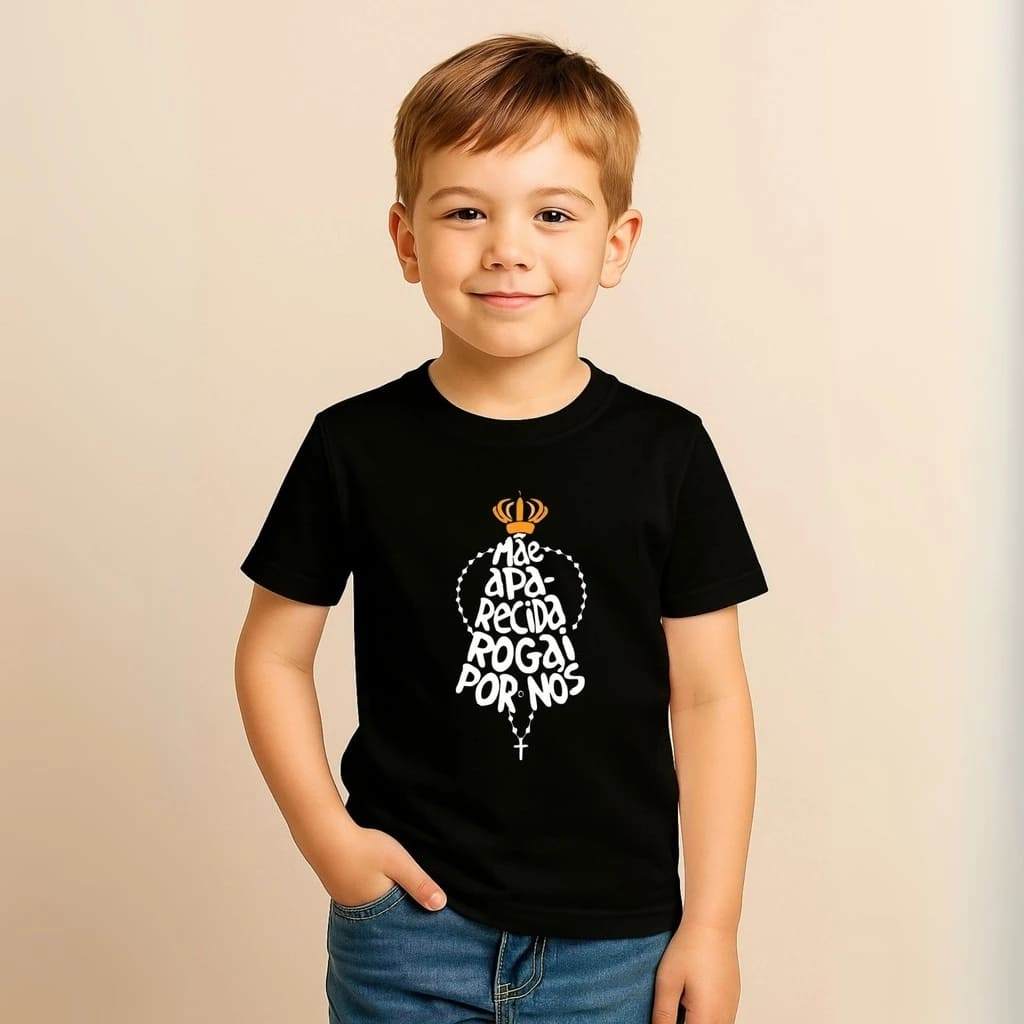 Camiseta Infantil Mãe Aparecida - Camisa Dia Das Crianças Estampa Nossa Senhora 100% Algodão