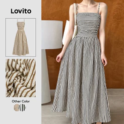 Lovito Casual Vestido Listrado Franzido Verão/primavera Para Mulheres L121MD302