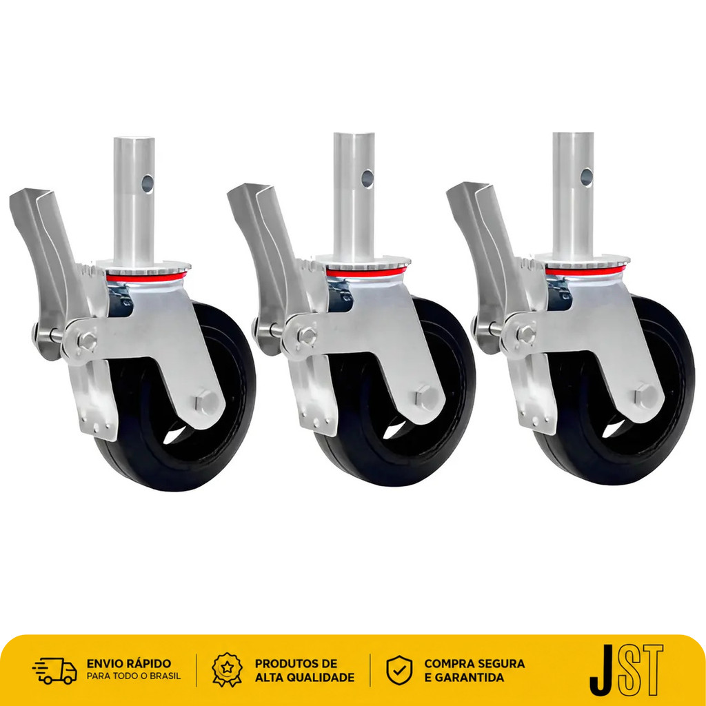 Kit 3 Rodízios Para Andaime Com Freio 6x2 150mm JST 300kg Espiga Maciça