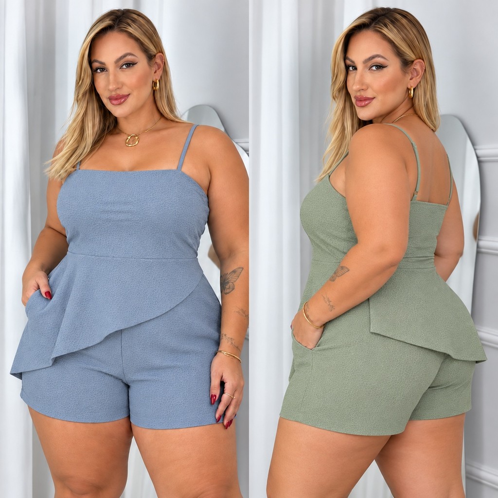 Conjunto Feminino Plus Size Elegante e Casual Assimétrico Duna Blusa Elástico e Shorts Curto Moda Verão Confortável