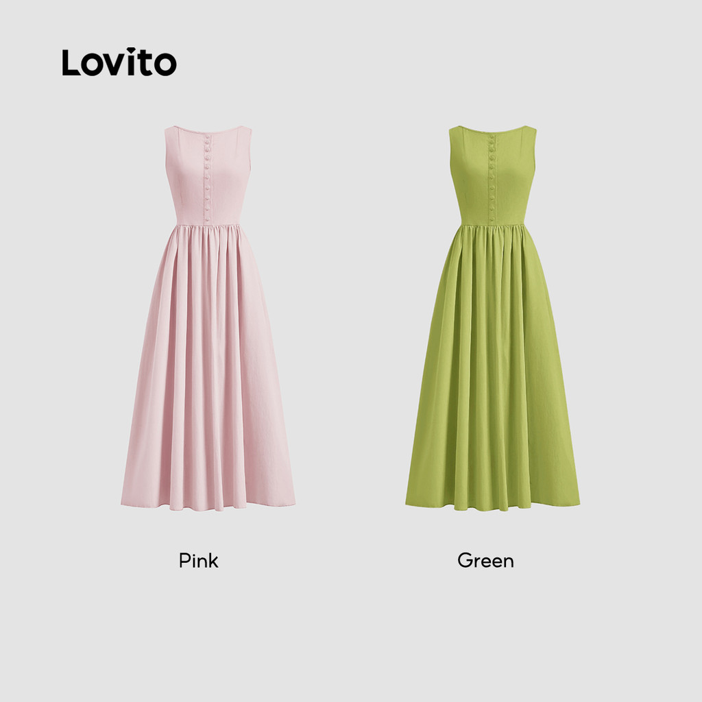 (Elegante) Lovito Vestido Liso Primavera E Verão Vestido Drapeado Com Botões Para Mulheres L125AD198
