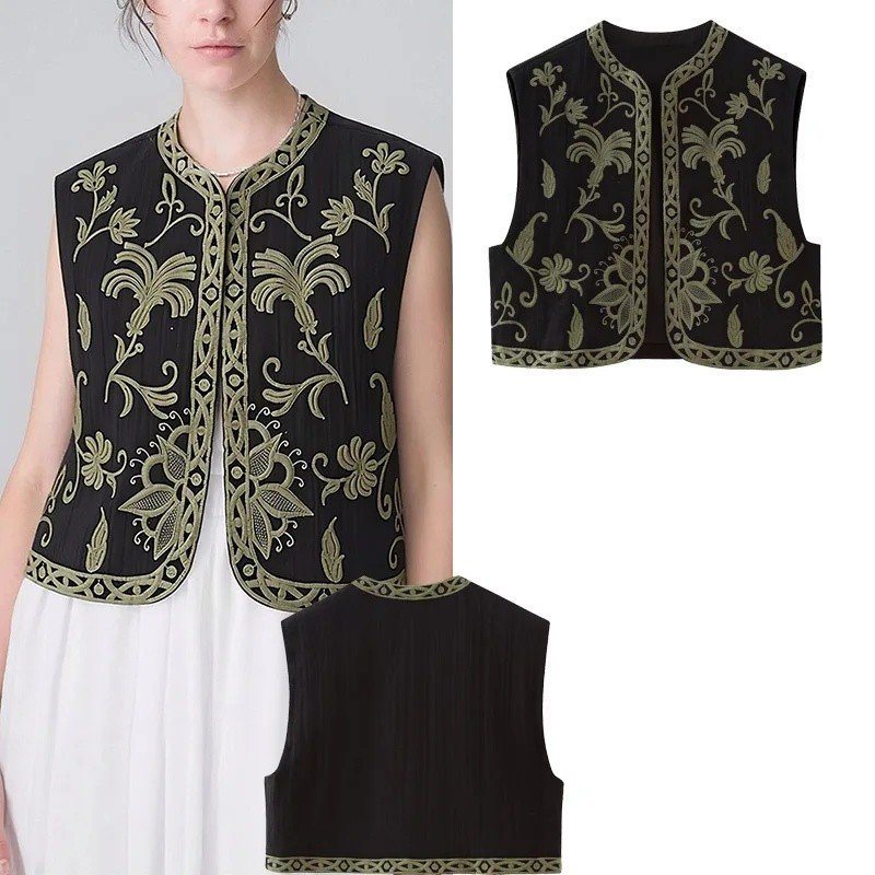 Colete Curto Sem Mangas com Decote Redondo e Bordado Vintage para Mulheres, Cardigã Retrô Chique, Simples, Elegante e Mo