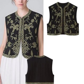 Colete Curto Sem Mangas com Decote Redondo e Bordado Vintage para Mulheres, Cardigã Retrô Chique, Simples, Elegante e Mo