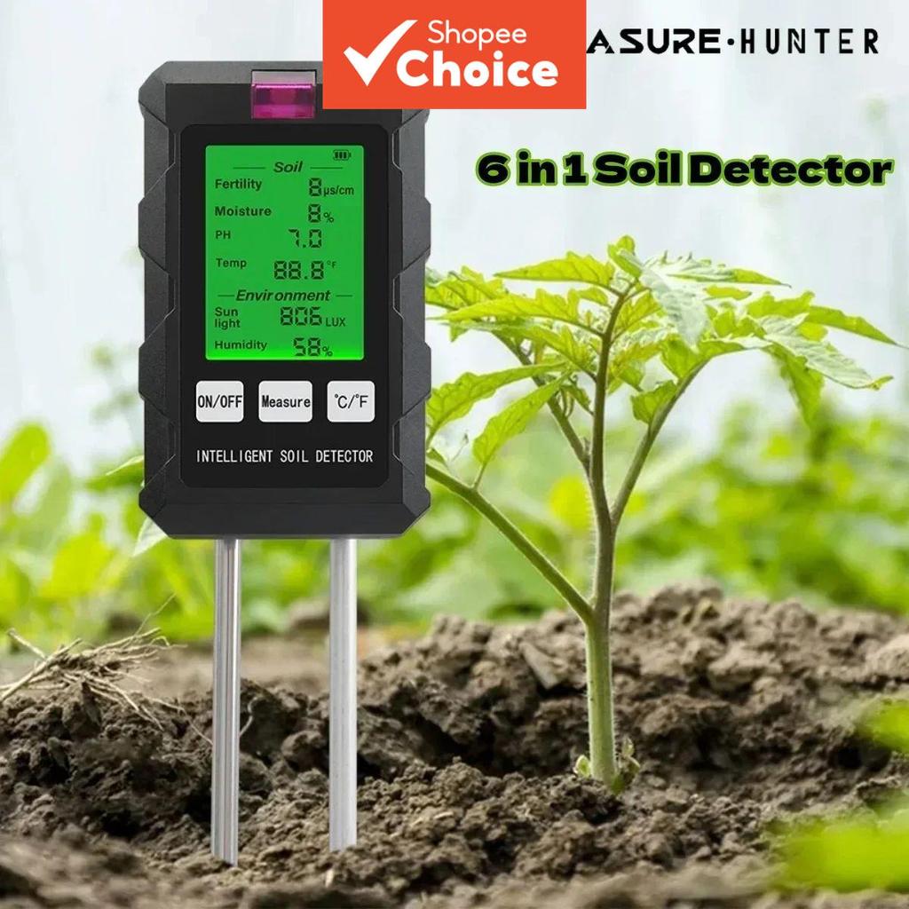 Medidor 6 em 1 para Solo – Testador de pH, Temperatura, Umidade, Fertilidade e Luz Solar para Jardinagem