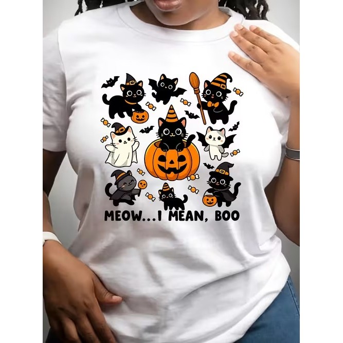 Camiseta Feminina Manga Curta Estampada de Gatos de Halloween Confortável Fofa Divertida Estilosa Moda Casual Tendência