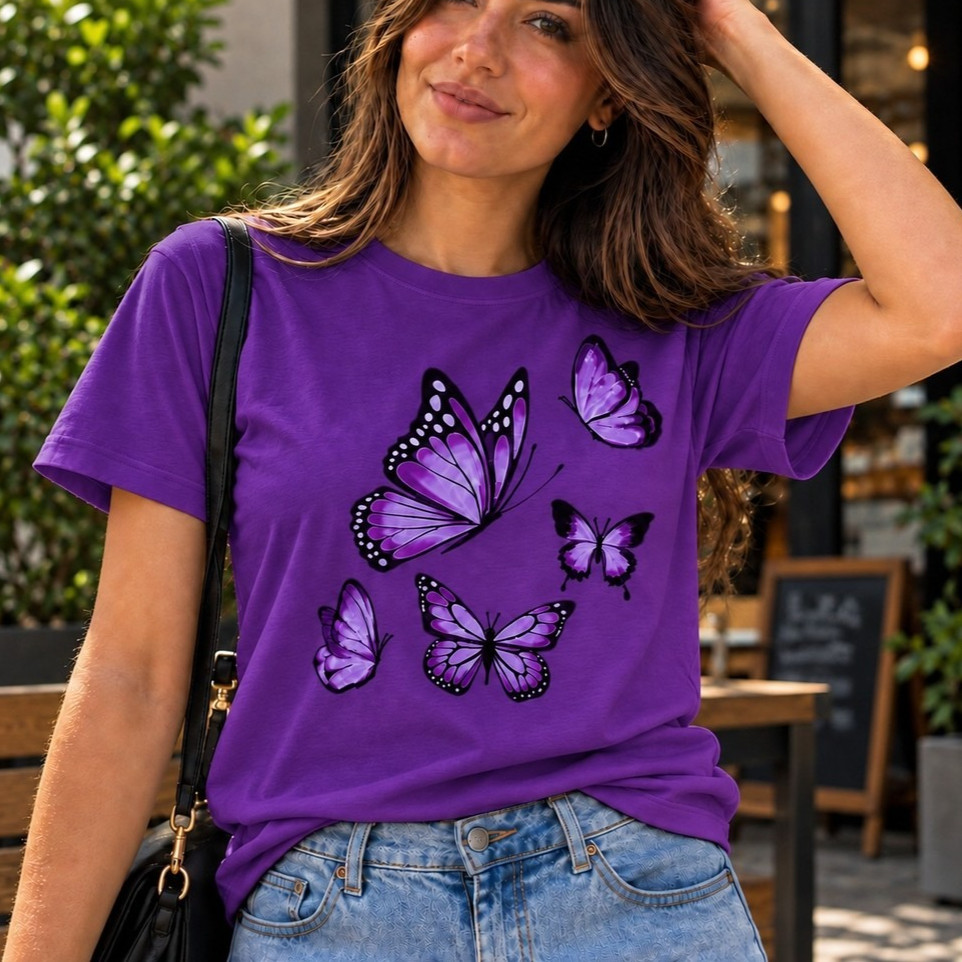 Camiseta Feminina Borboletas Estampada 100% Algodão T-Shirt Casual Confortável Moda Feminina