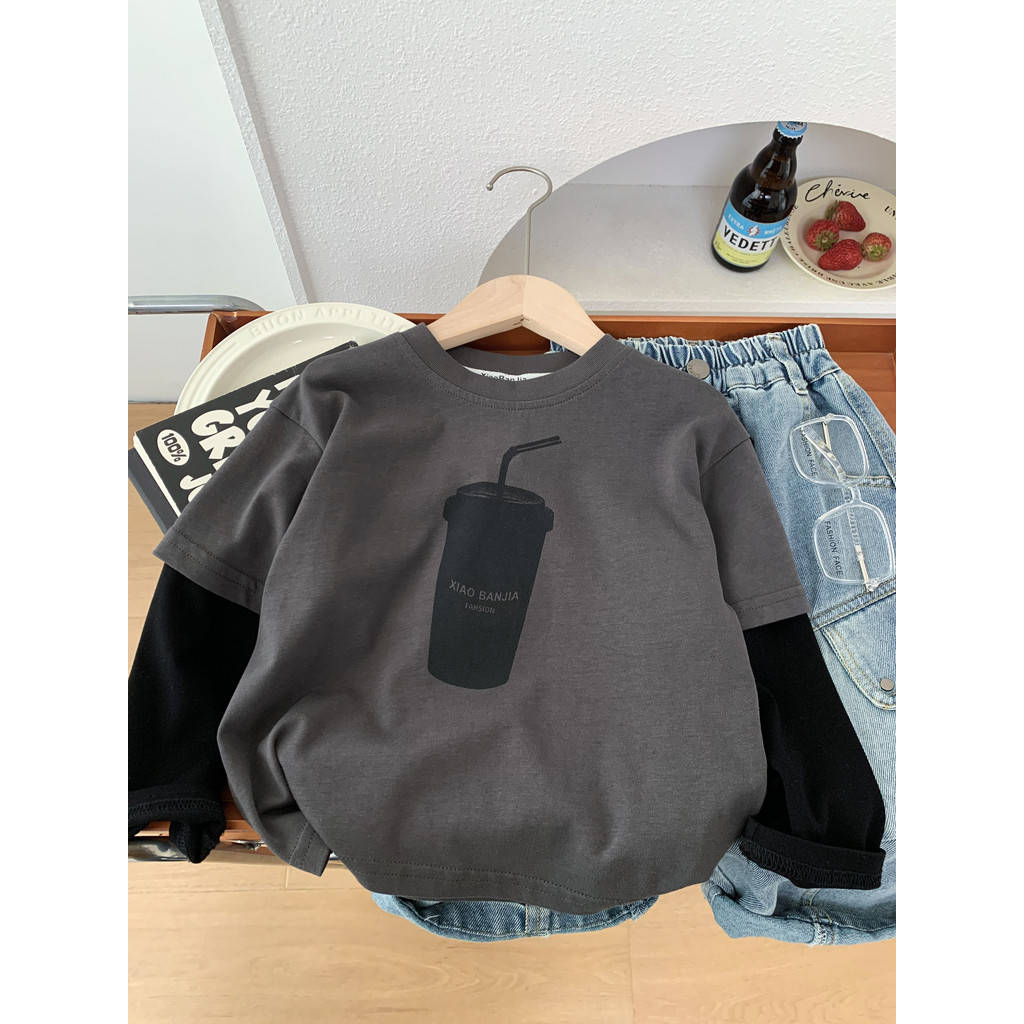 Meninos roupas de primavera puro algodão falso camiseta de duas peças 2026 novo estilo crianças versão coreana solta man