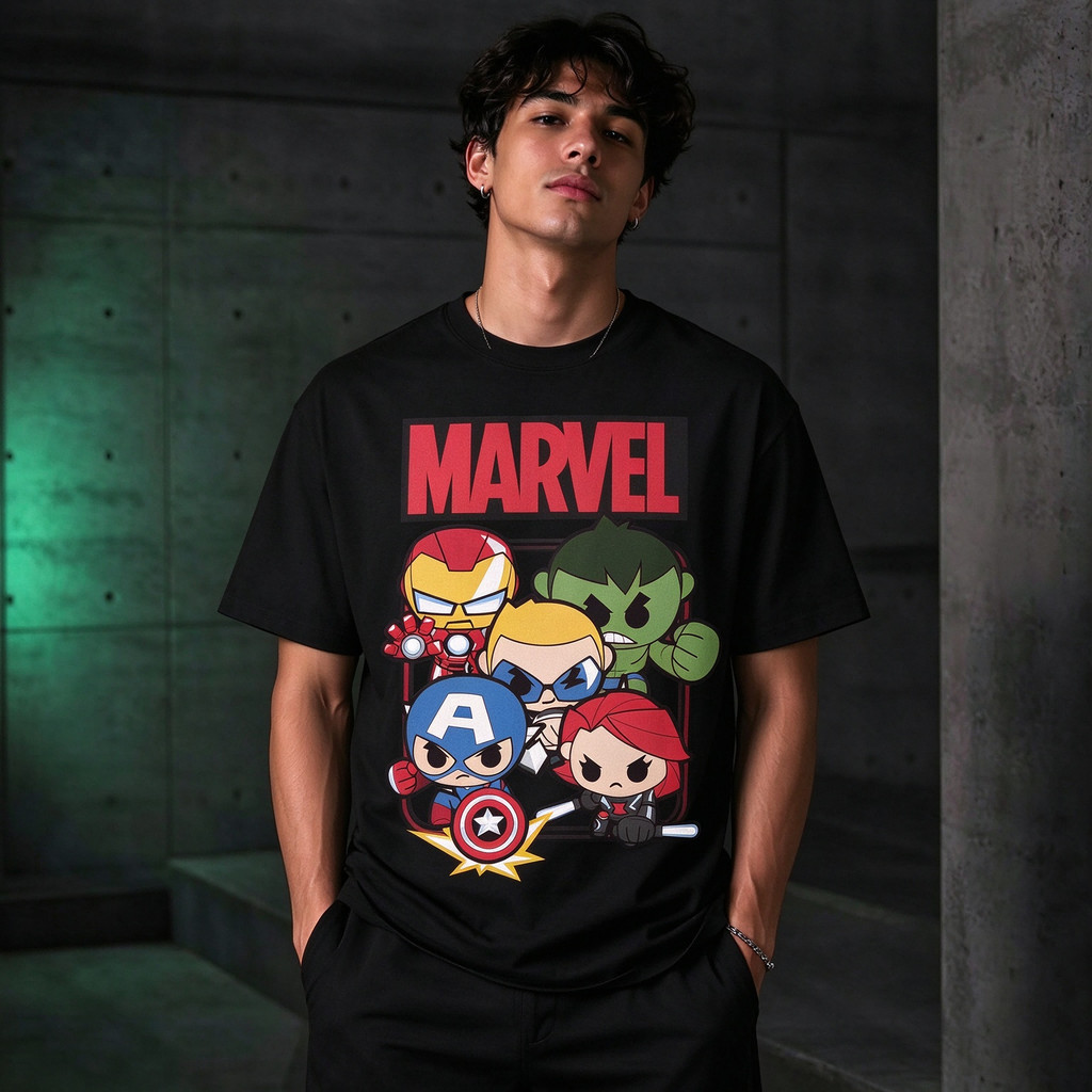 Camiseta Masculina Estampa Personagens Super Heróis Marvel Chibi Confortável Moderna Divertida Estilosa Casual Tendência