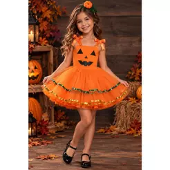 Fantasia de Abóbora Infantil Com Tiara de Halloween