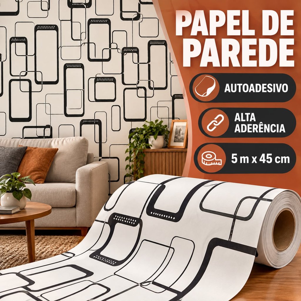 Papel de Parede Autoadesivo Geométrico 5m x 45cm – Alta Aderência e Fácil Aplicação