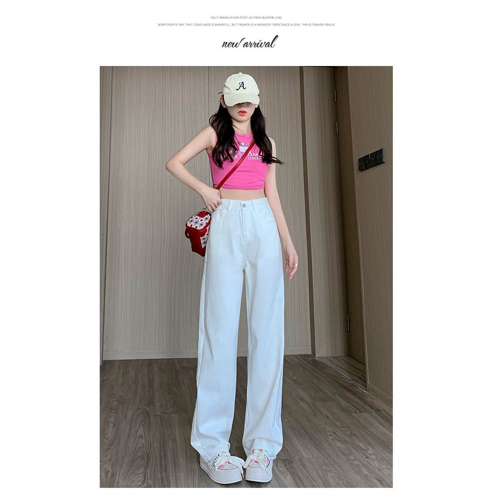 Jeans de perna larga Off-White outono estilo Regular solto cintura alta mais magro olhar versão coreana reta Drape chão