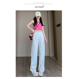 Jeans de perna larga Off-White outono estilo Regular solto cintura alta mais magro olhar versão coreana reta Drape chão