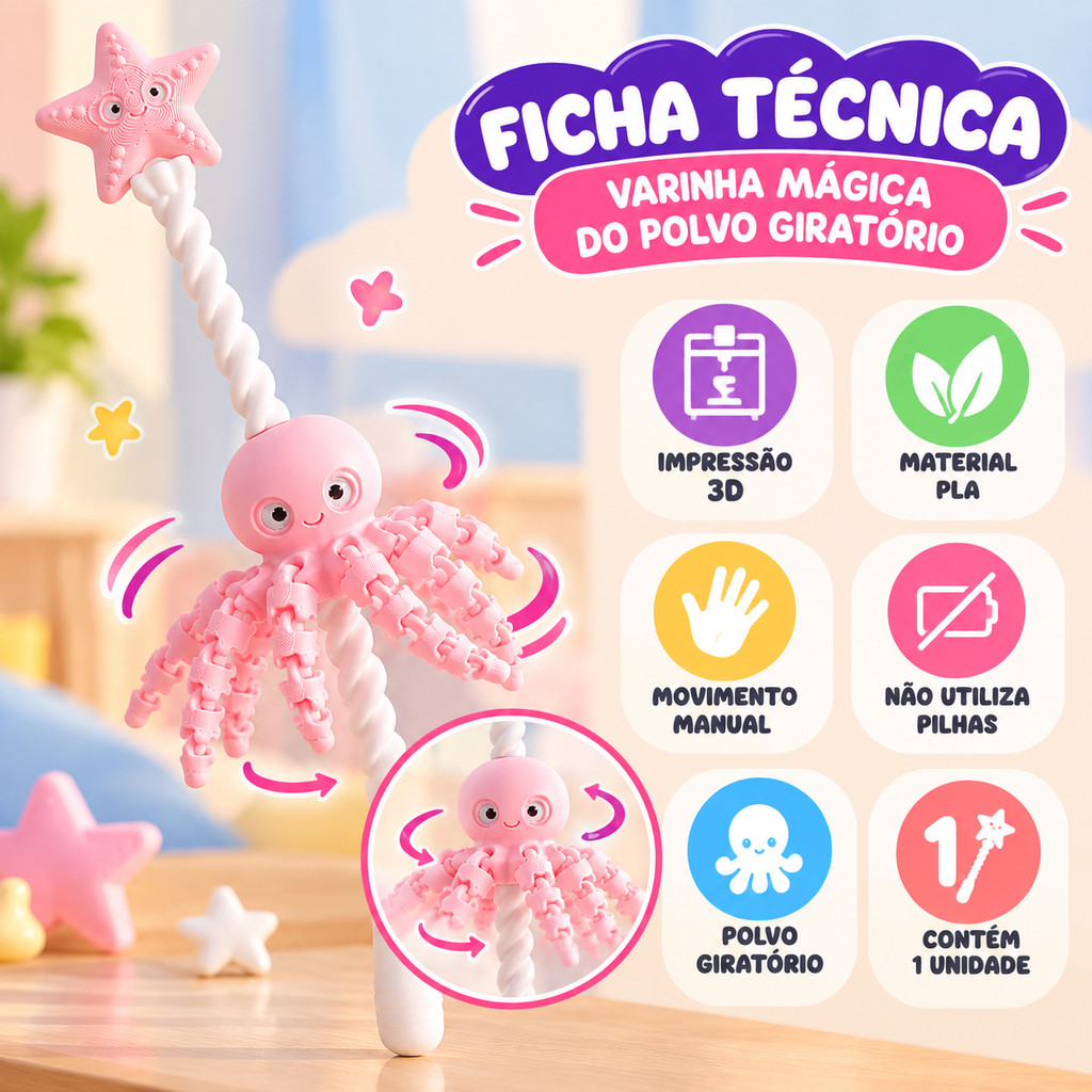 Varinha Mágica do Polvo Giratório Brinquedo Infantil Sensorial Divertido I Impressão 3D PREMIUM — imagem 2 de 2