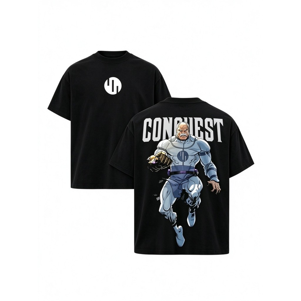 Camiseta Unissex Premium de Algodão Estampa Super Herói Anime Conquest Cor Preta Estilo Streetwear Para Uso Casual