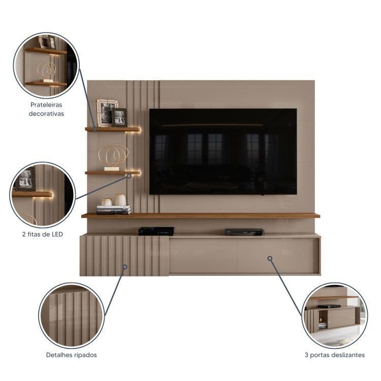 Painel Ripado para TV até 65 Polegadas com LED 3 Portas 167,5x200cm Atena Yescasa Bege Fendi/Naturale · foto 2