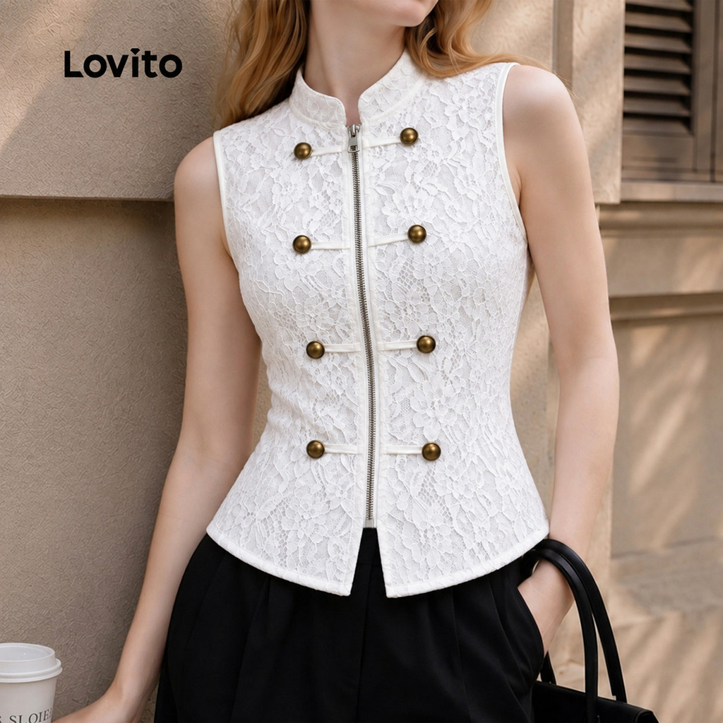 (New Arrival) Lovito Blusa Feminina Jacquard Offwhite Sem Mangas Gola Alta 2 botões E Abertura Frontal TKT205P2D033 · foto 2