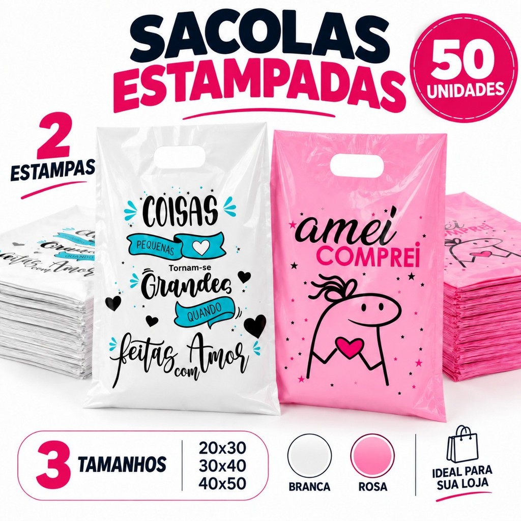50 Sacolas Boca de Palhaço Personalizada Amei Comprei e Coisas Pequenas Sacolinhas Boca de Palhaço para  Lojas