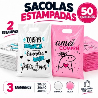 50 Sacolas Boca de Palhaço Personalizada Amei Comprei e Coisas Pequenas Sacolinhas Boca de Palhaço para  Lojas